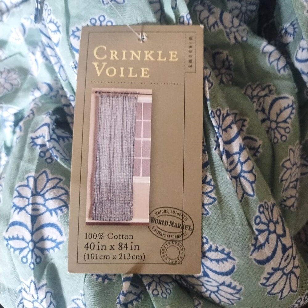 2 NWT World Market Floral Crinkle Voile Curtain Panels Blue Tie Top 40”x 84”
